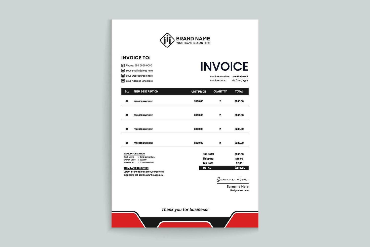 Red and black color invoice design vector