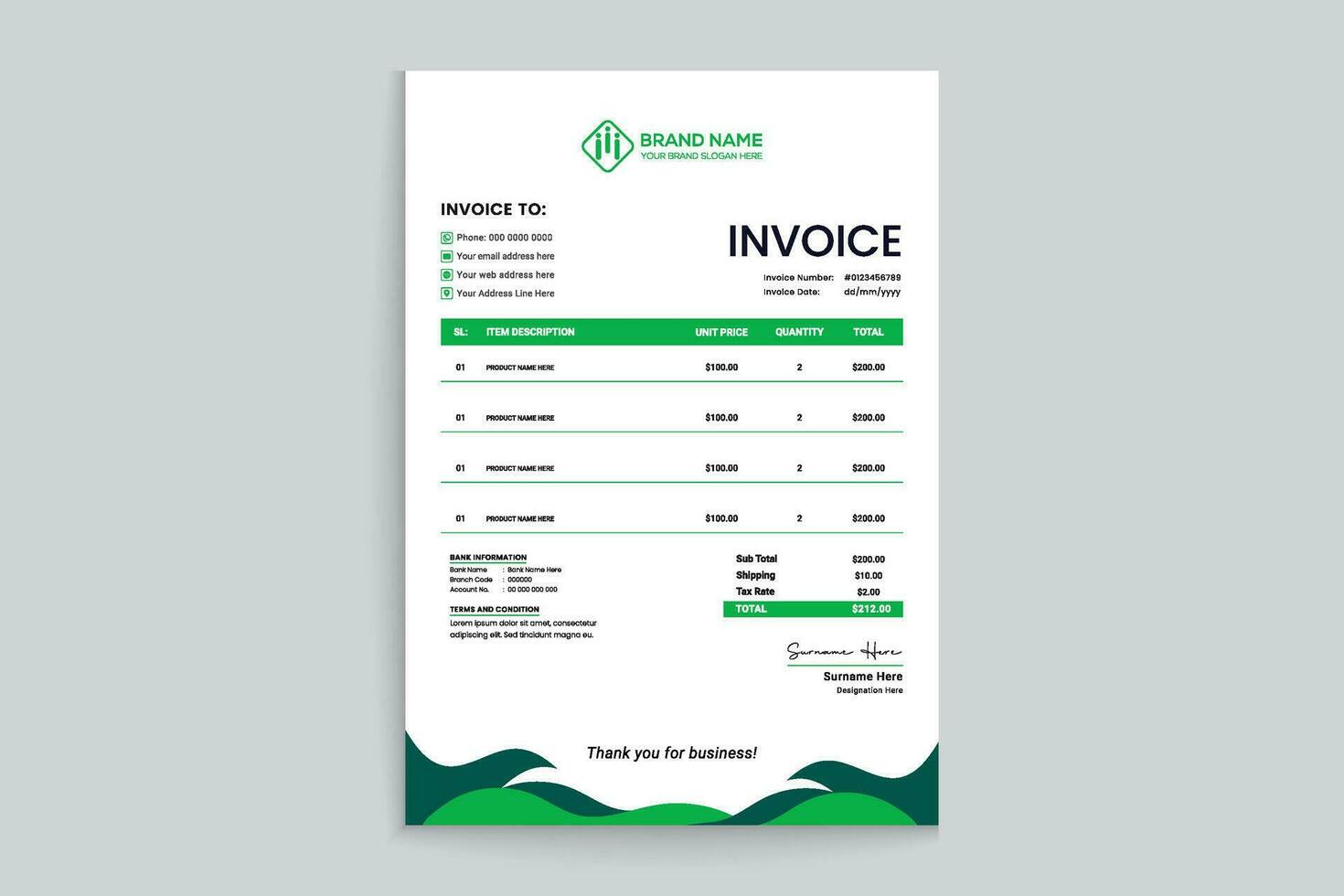 Company invoice design and green color vector