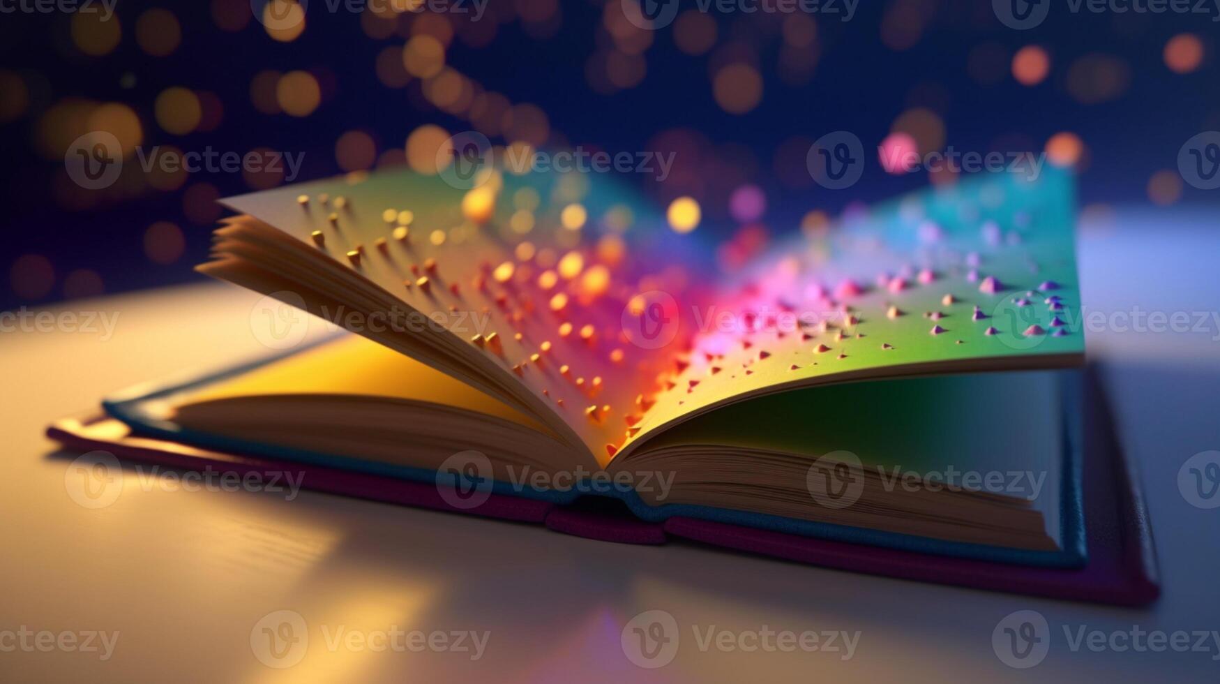 3D empty book opened on a colorful bokeh background photo