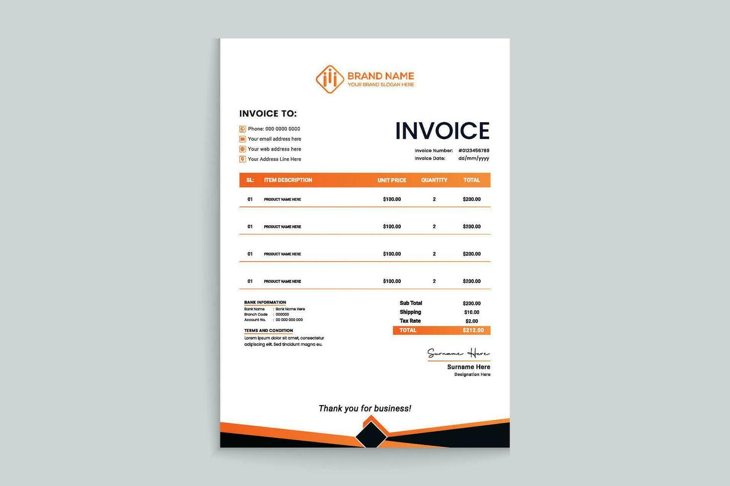 Orange elegant corporate invoice design vector