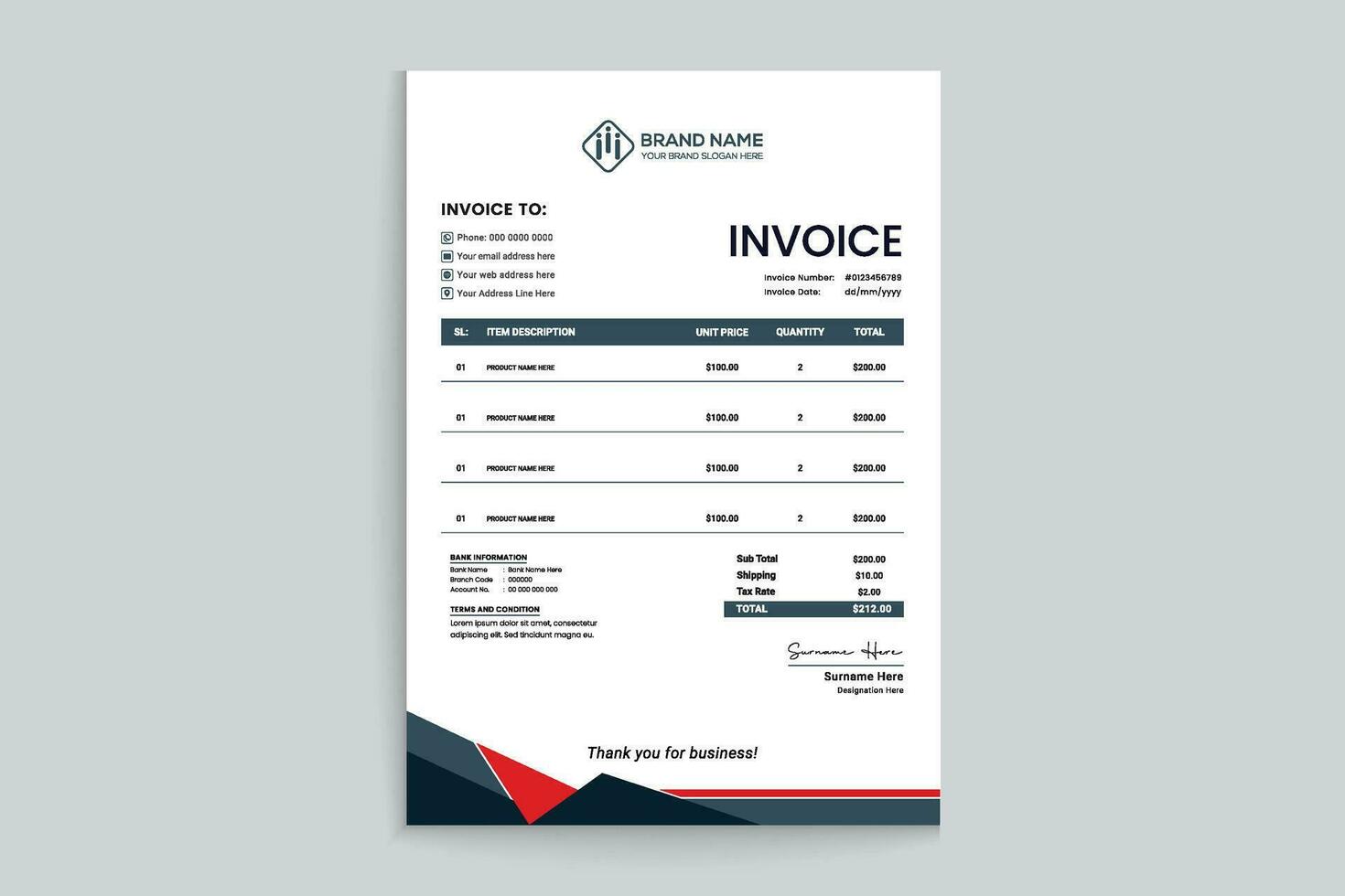 Red color invoice design vector