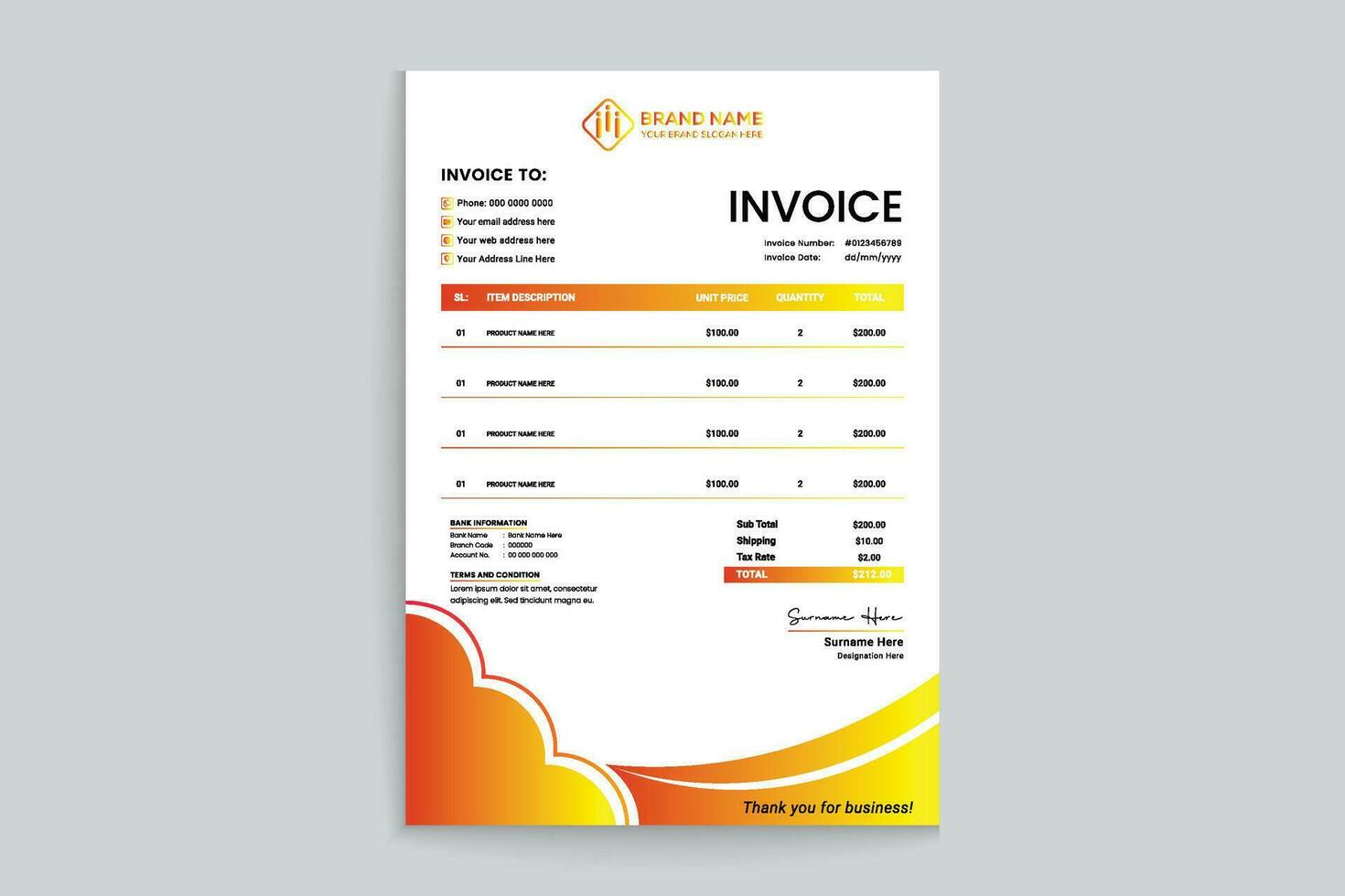 Gradient color invoice template vector