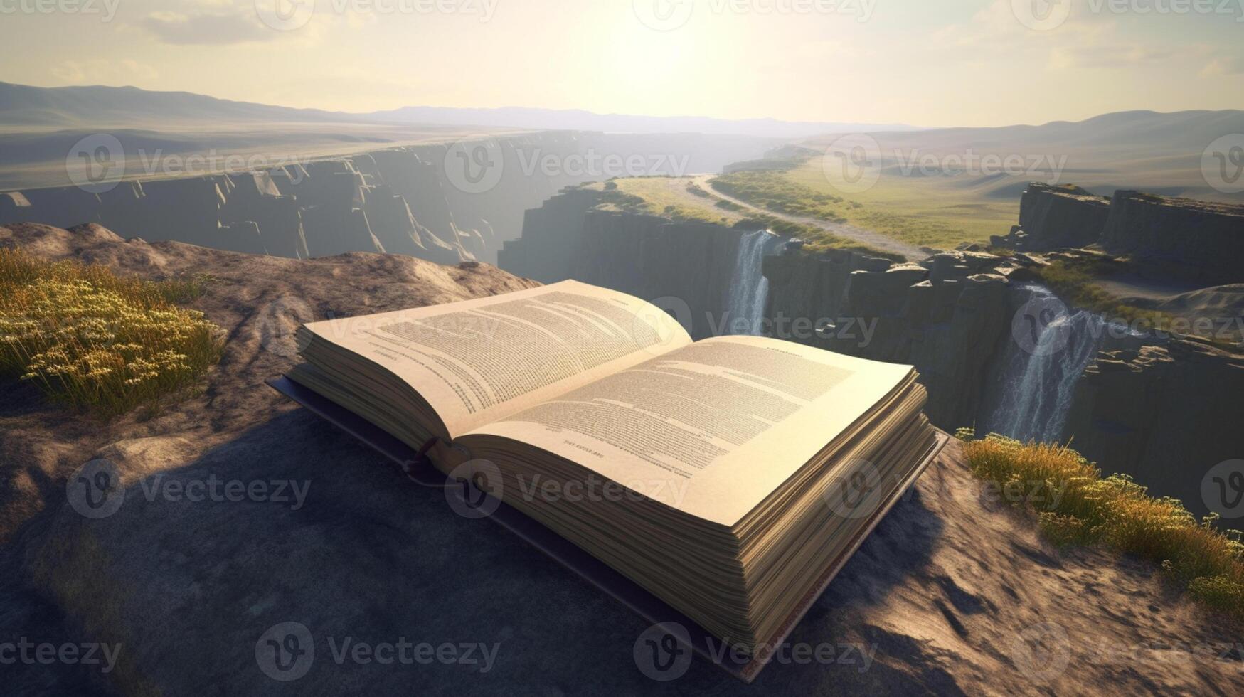 3D empty book opened on a mountain cliff with a breathtaking view in the background photo