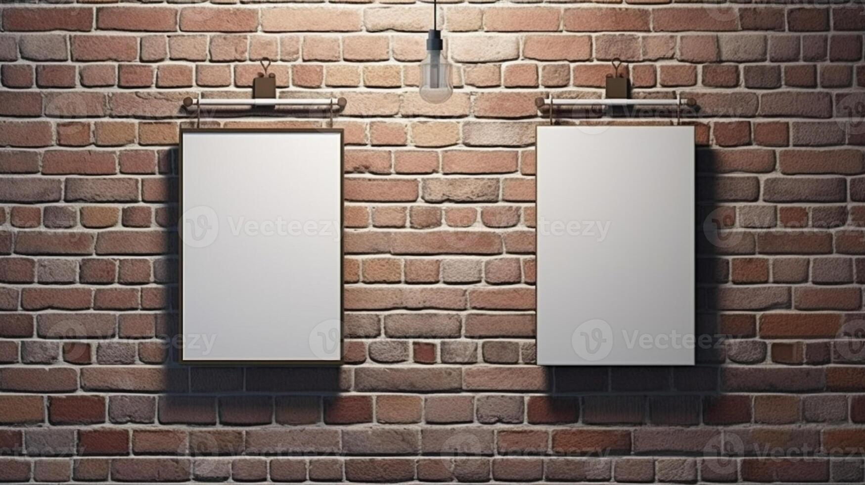 Two blank 3D posters with hanging clips on a textured brick wall AI Generated photo