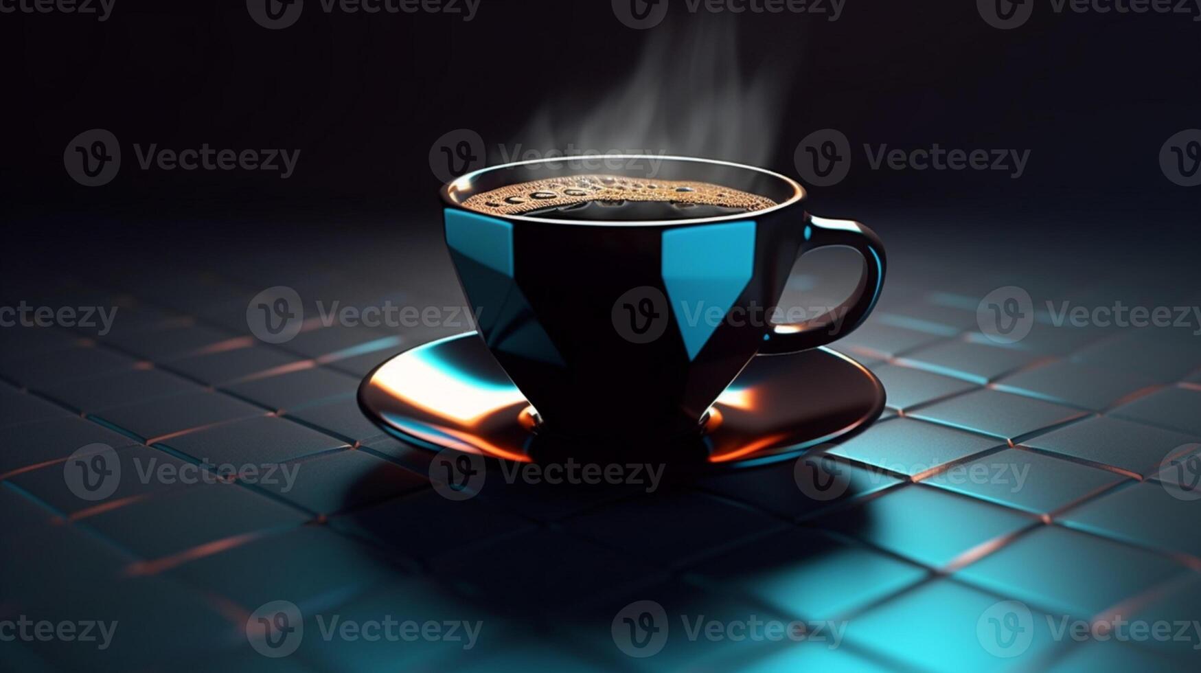 A black coffee mug flying in a 3D product display with a gradient background and empty interior. AI Generated photo