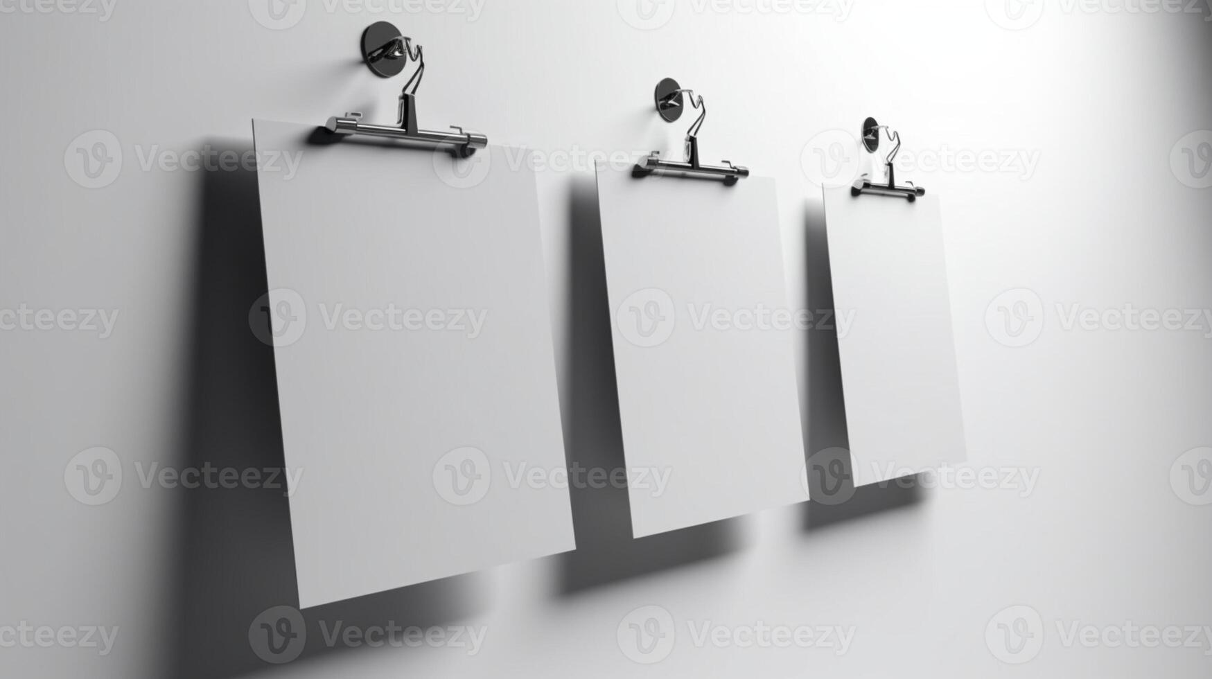 Clean and simple blank 3D posters with clips on a white background photo