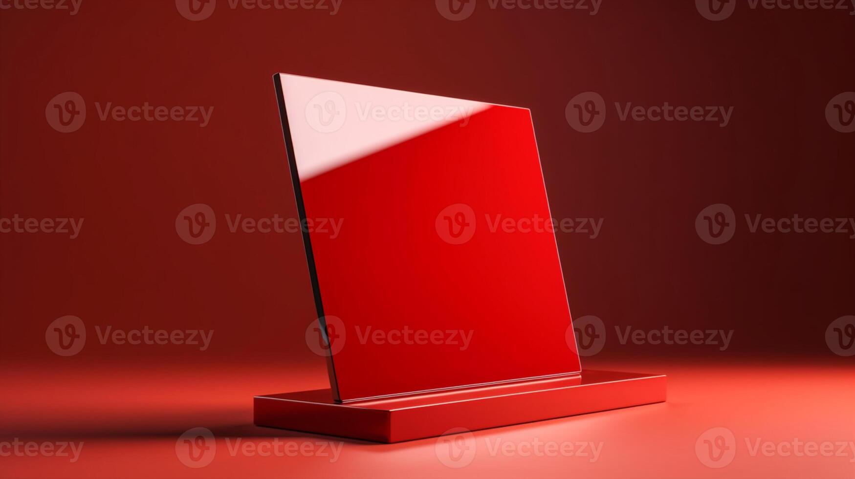 This blank tabletop sign holder mockup in bold red creates a statement for your branding needs AI Generated photo