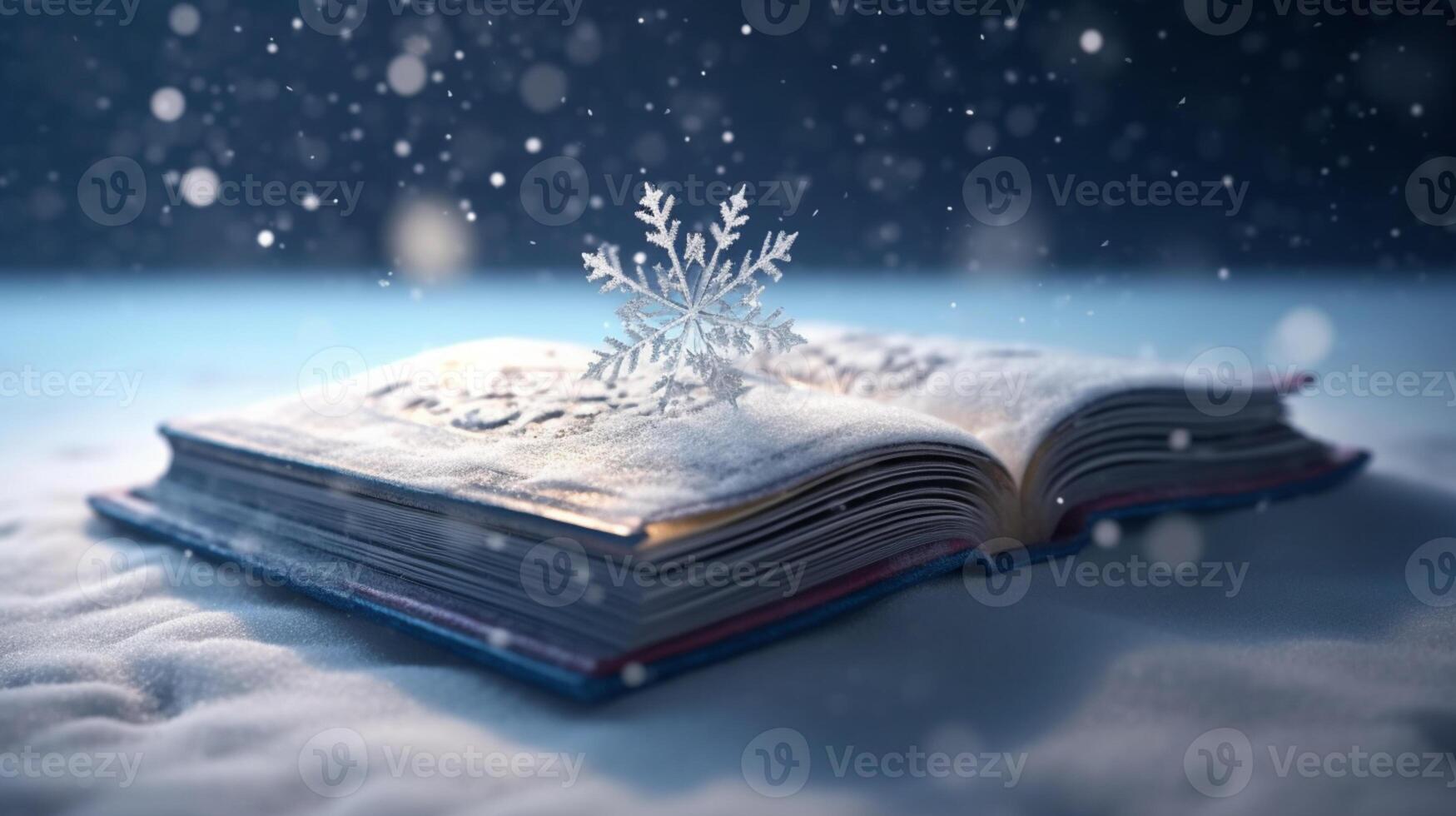 3D empty book opened on a snowy surface with snowflakes in the background photo