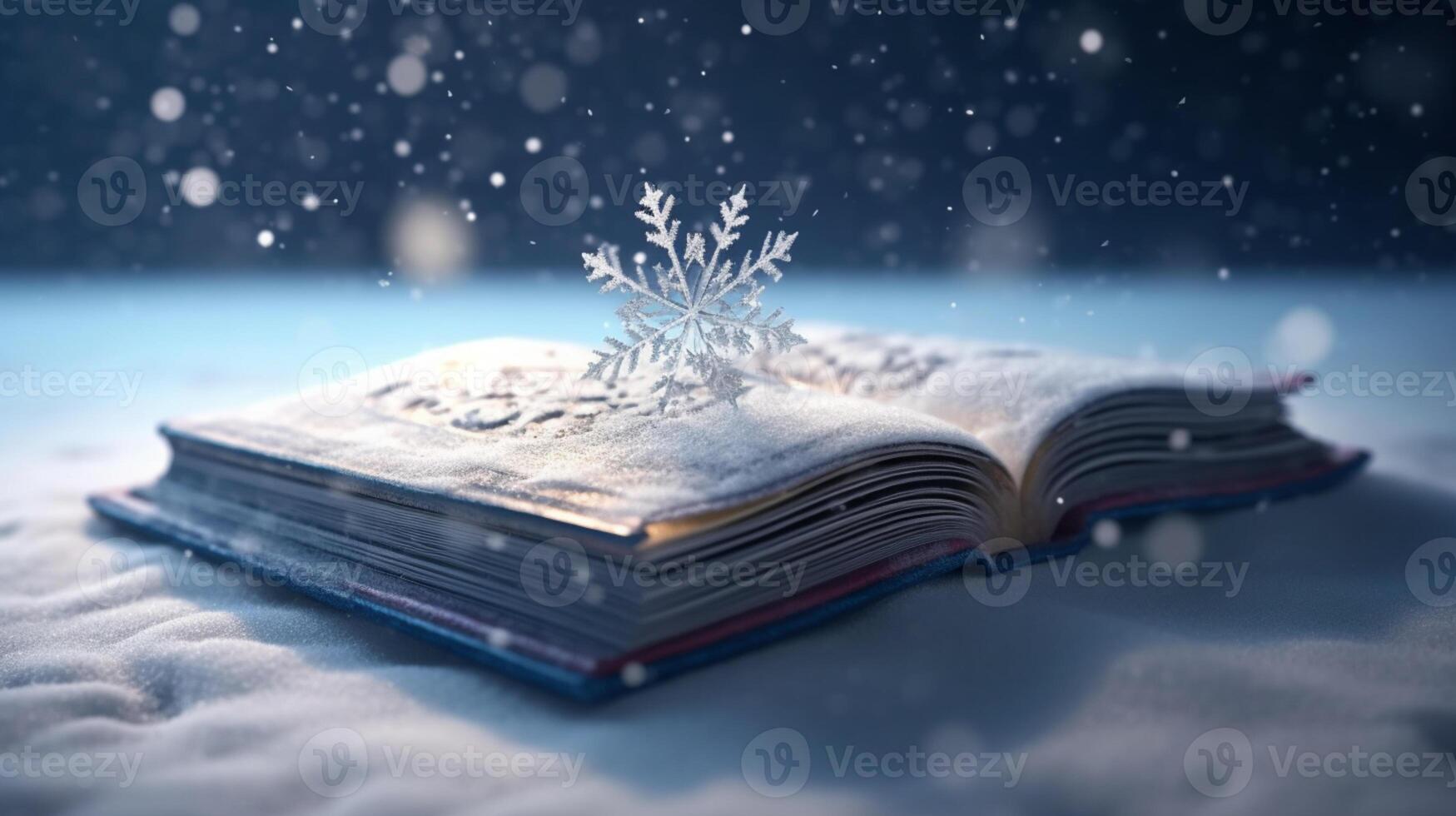 3D empty book opened on a snowy surface with snowflakes in the background AI Generated photo