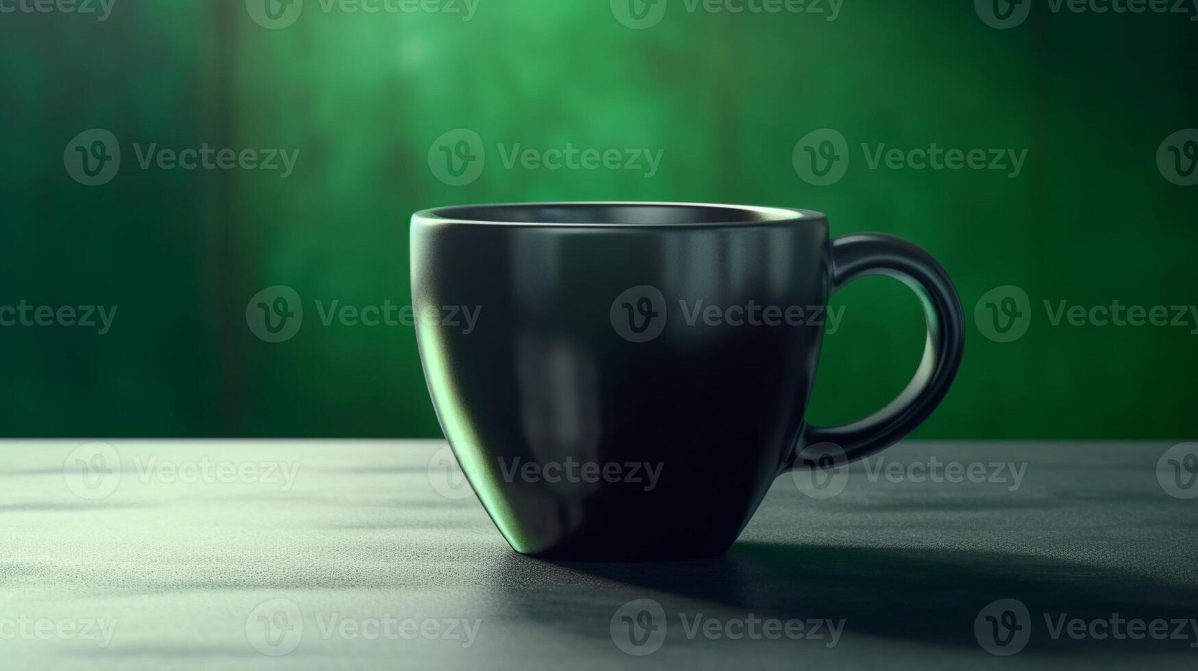 A black coffee mug floating against a green gradient 3D product display background. Empty interior. photo