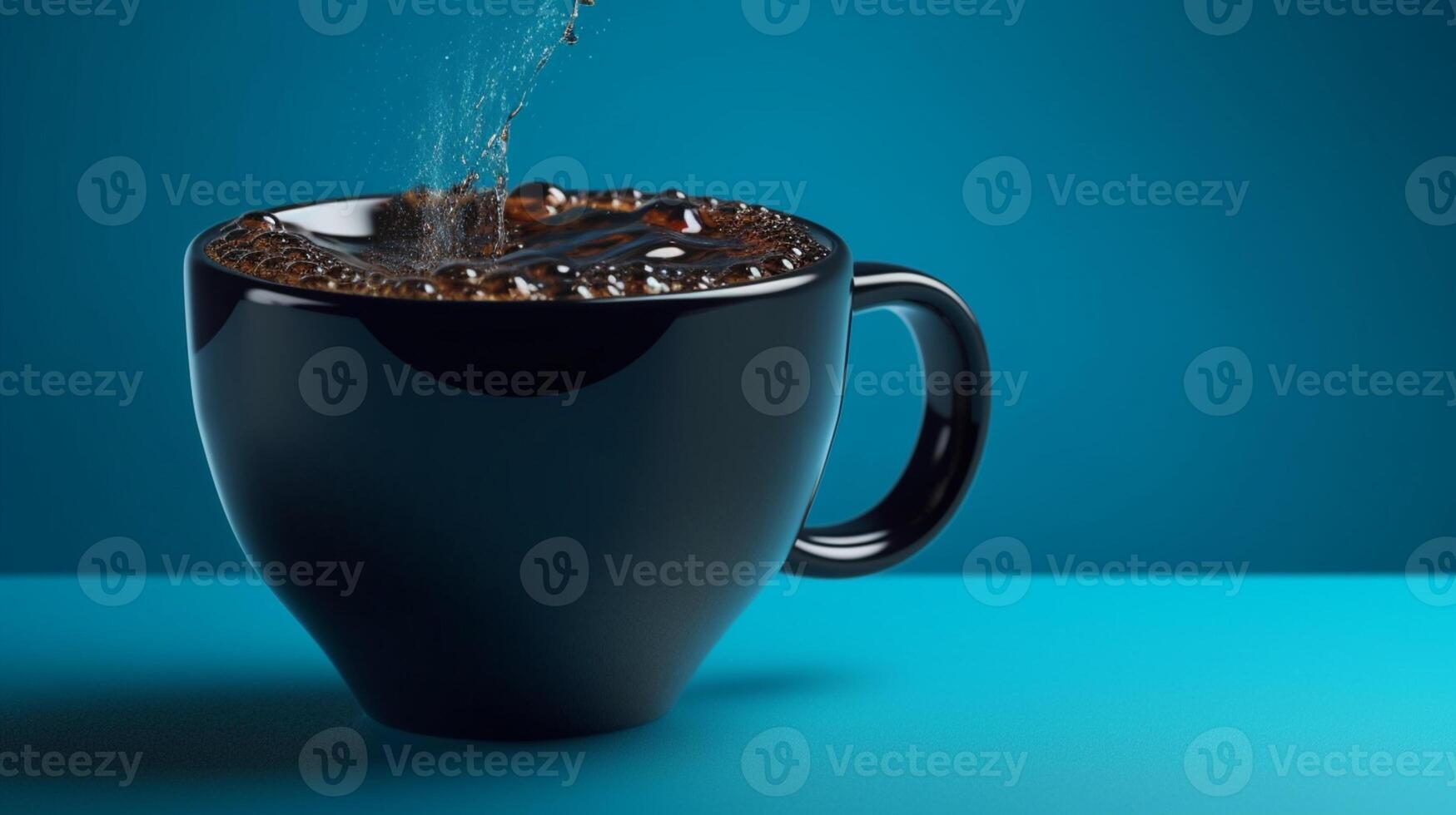 Empty black coffee mug floating in mid-air against a blue 3D product display background photo