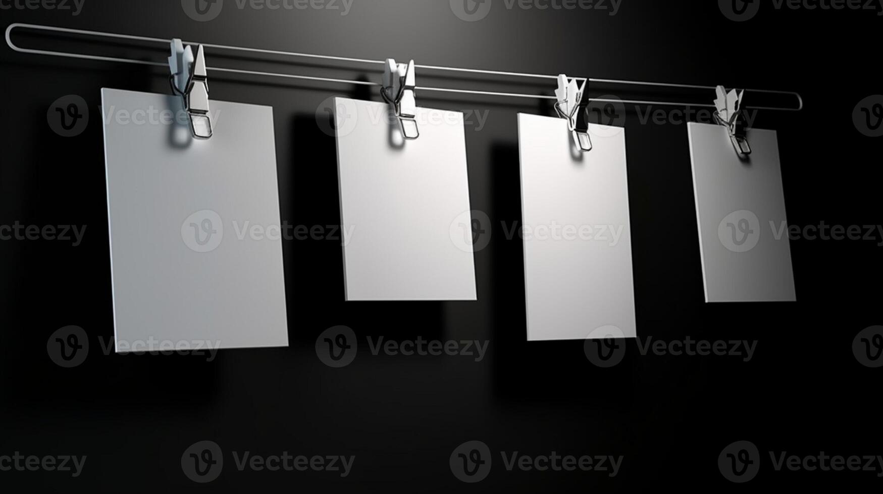 Blank white posters with clips hanging against a black background photo
