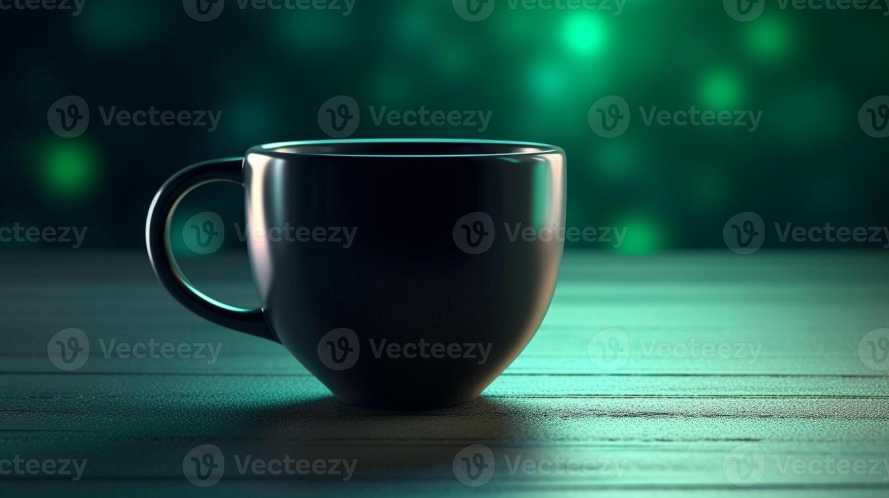 A black coffee mug floating against a green gradient 3D product display background. Empty interior. photo