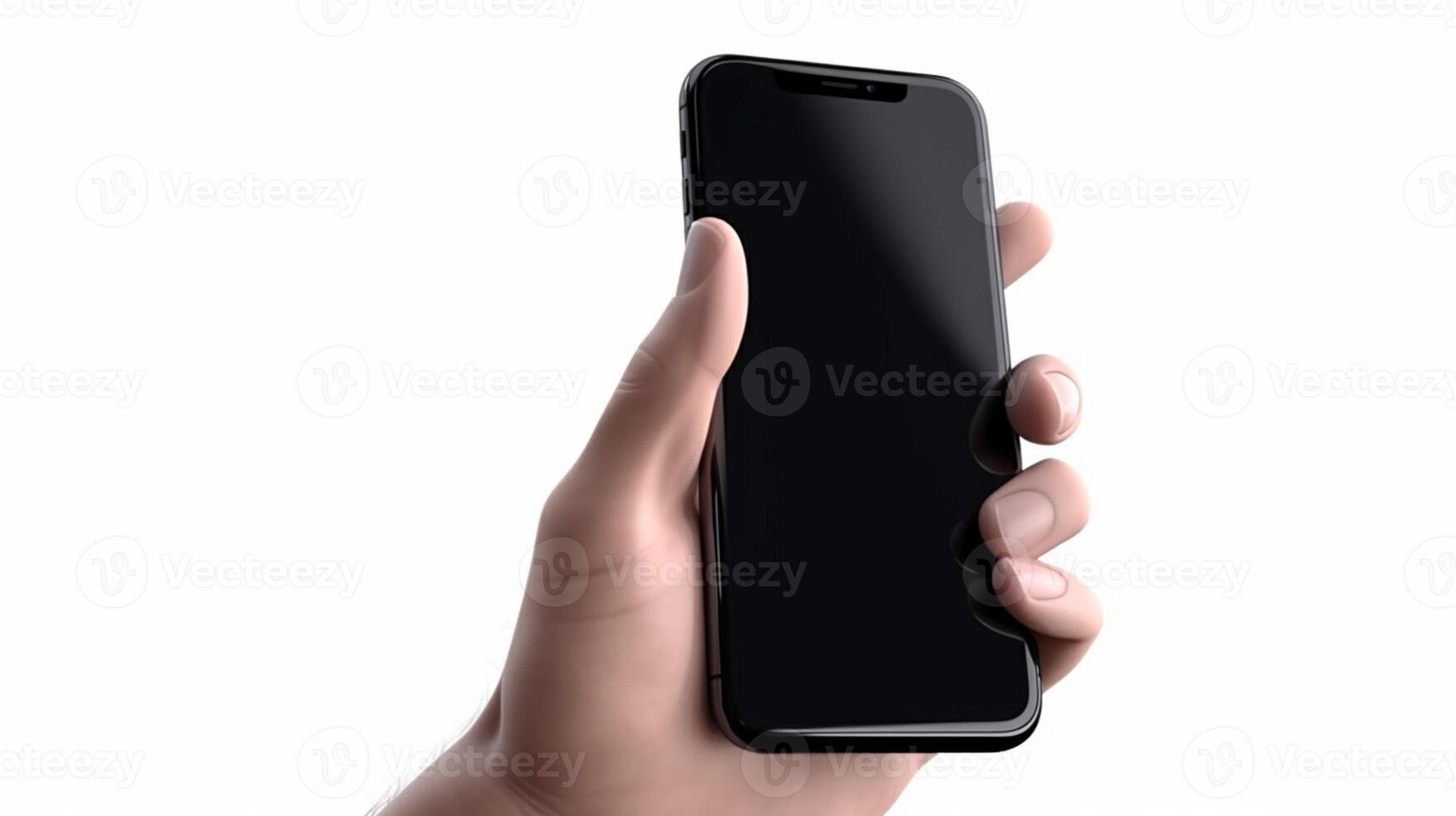 Hand holding black smartphone with thumbs up gesture, isolated on white background photo
