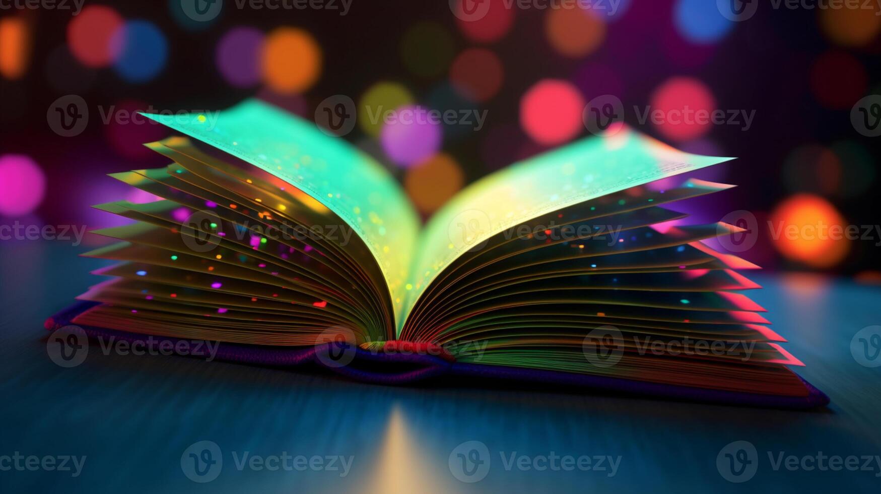 3D empty book opened on a colorful bokeh background photo