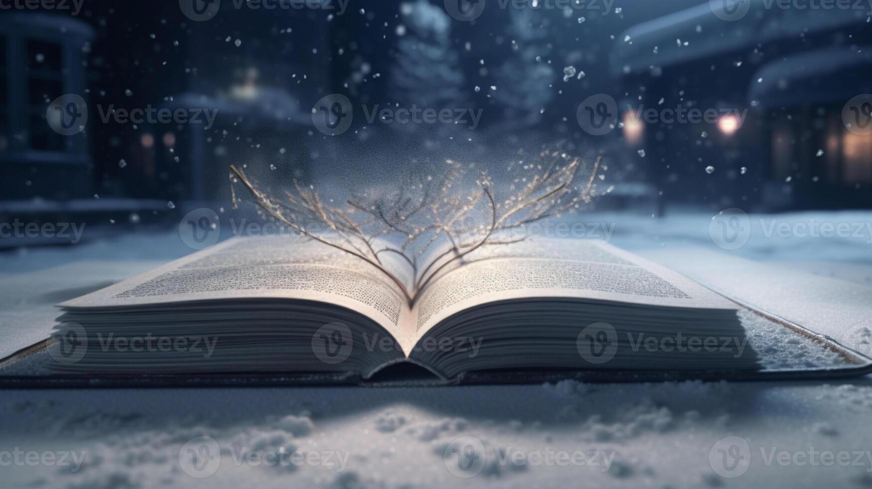 3D empty book opened on a snowy surface with snowflakes in the background photo
