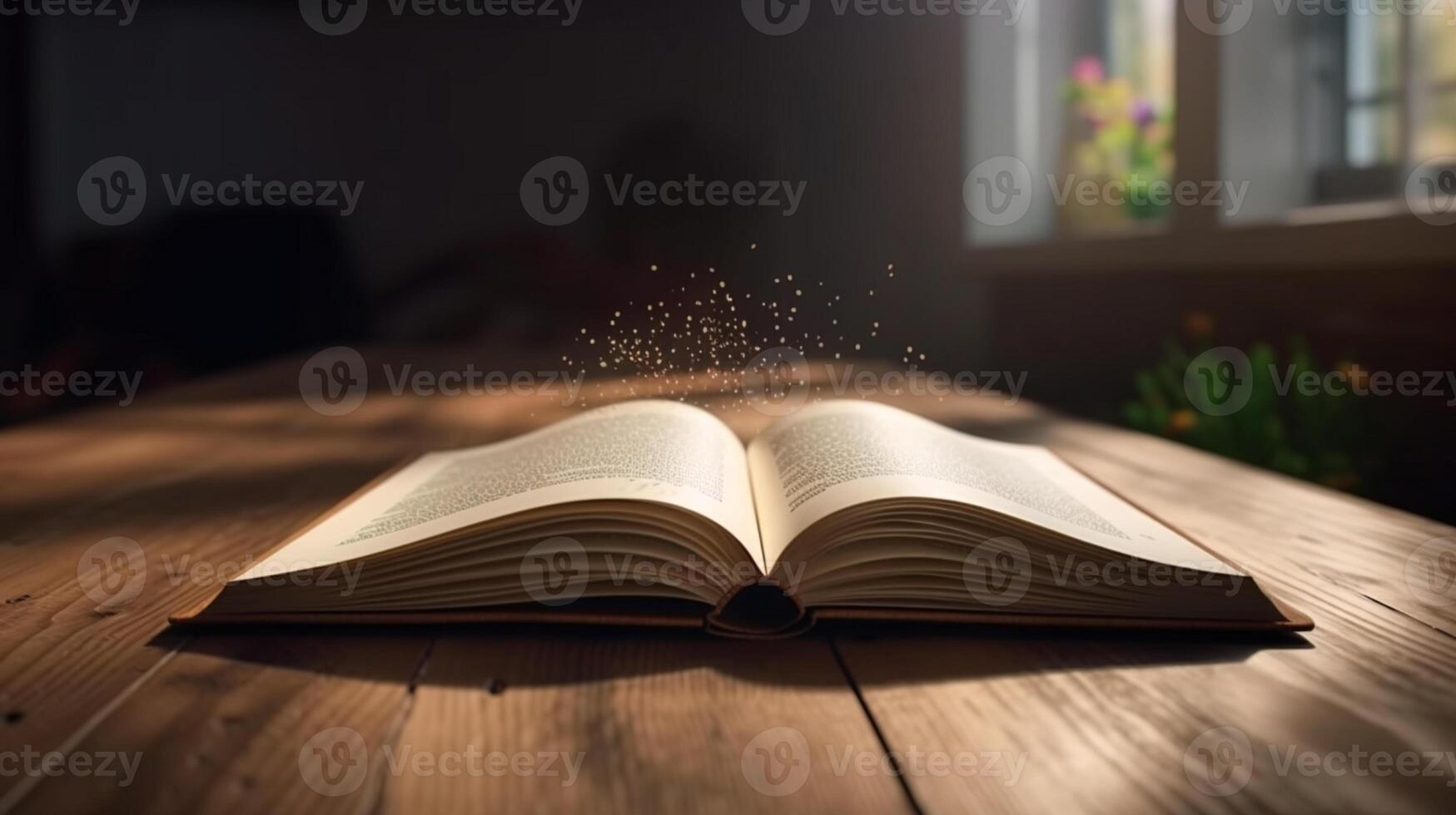 Opened 3D empty book on a wooden table with blurred background photo