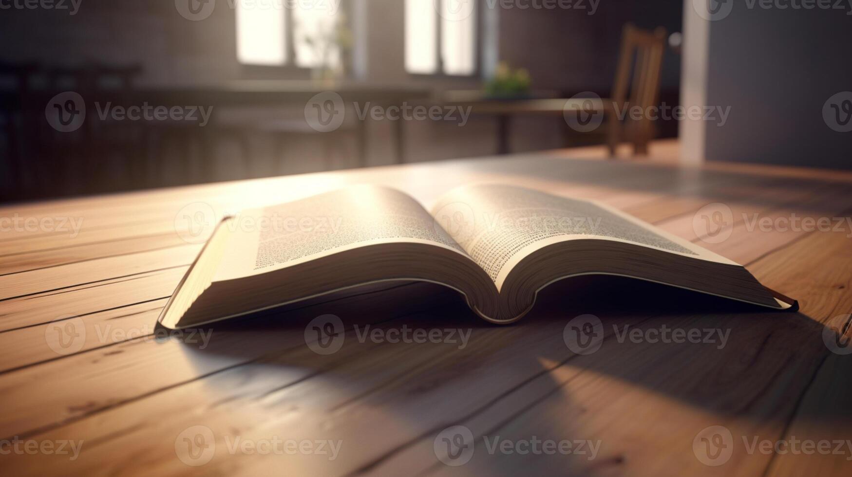 Opened 3D empty book on a wooden table with blurred background photo