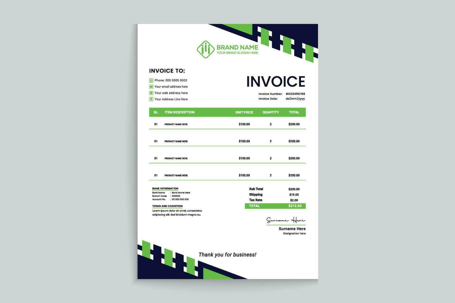 Company invoice design and green color vector