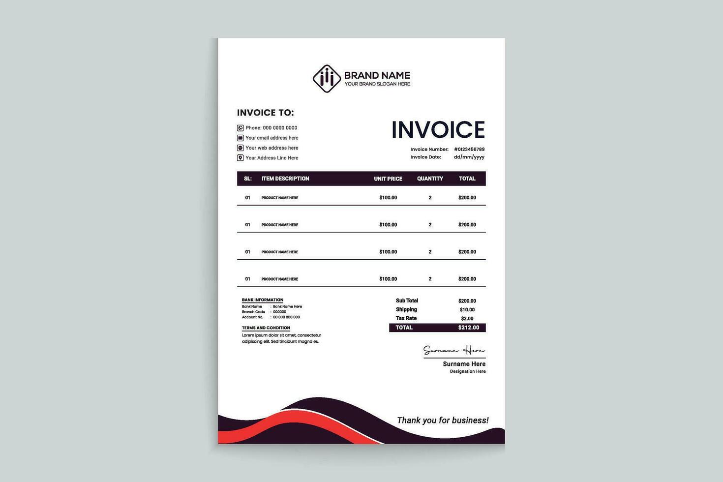 Red color invoice design vector