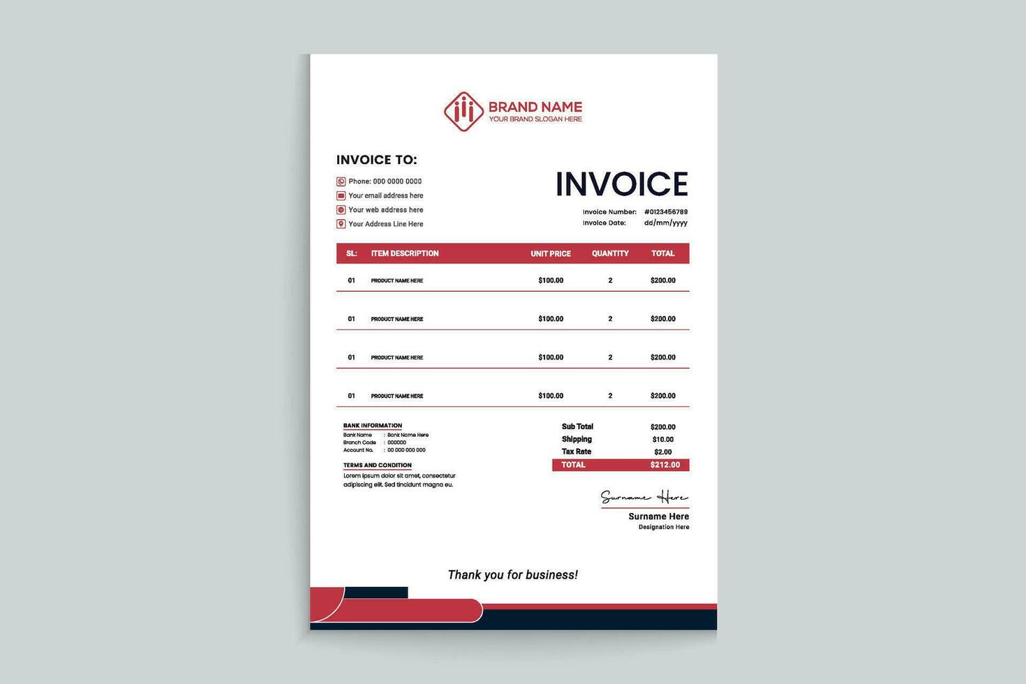 Red and black color invoice design vector