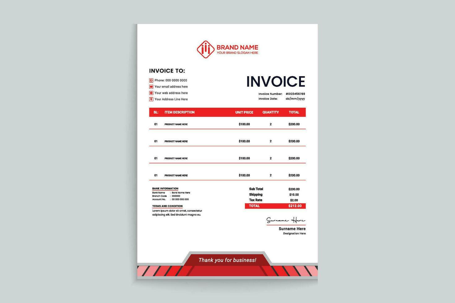 Red and black color invoice design vector