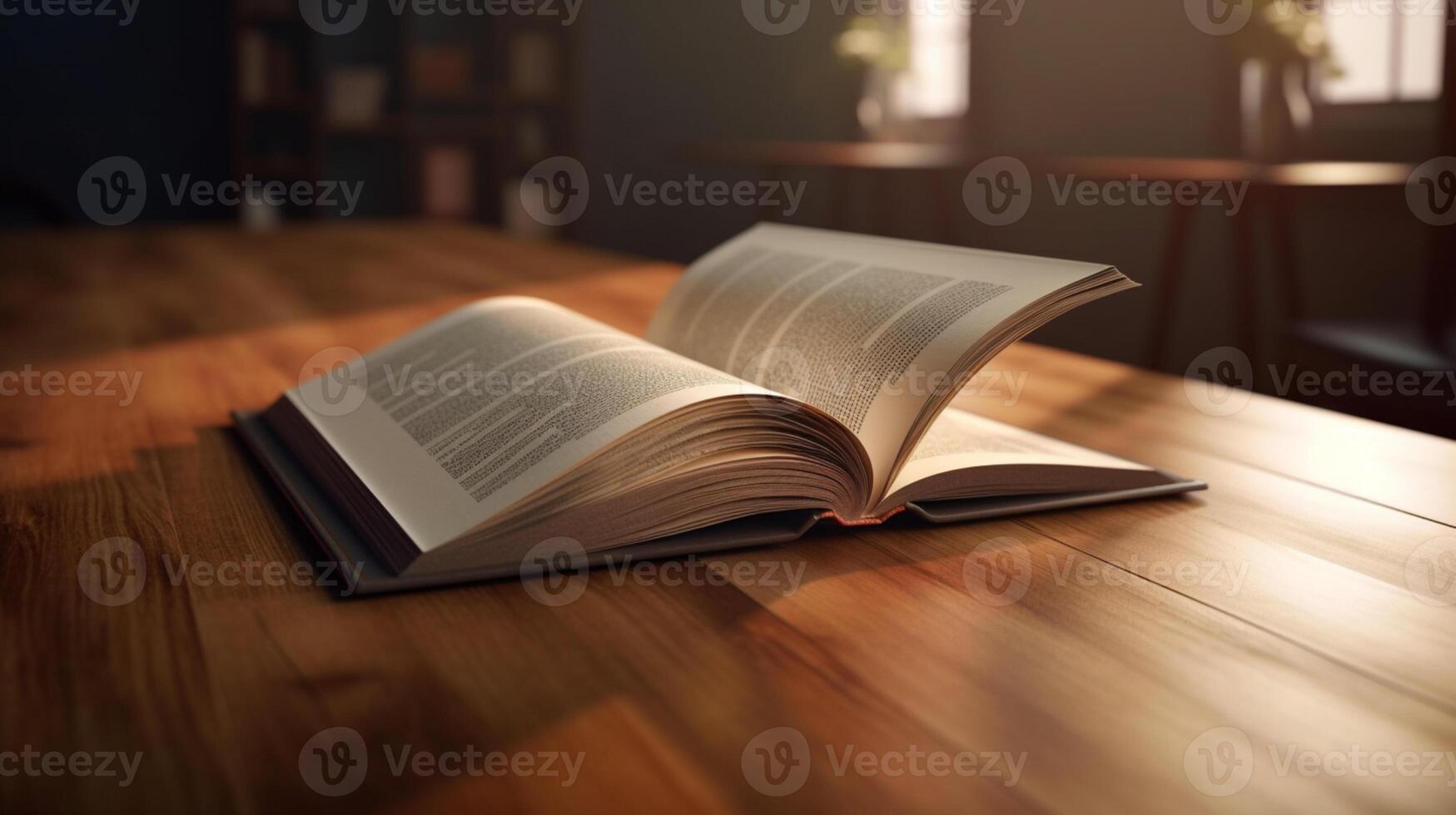 Opened 3D empty book on a wooden table with blurred background photo
