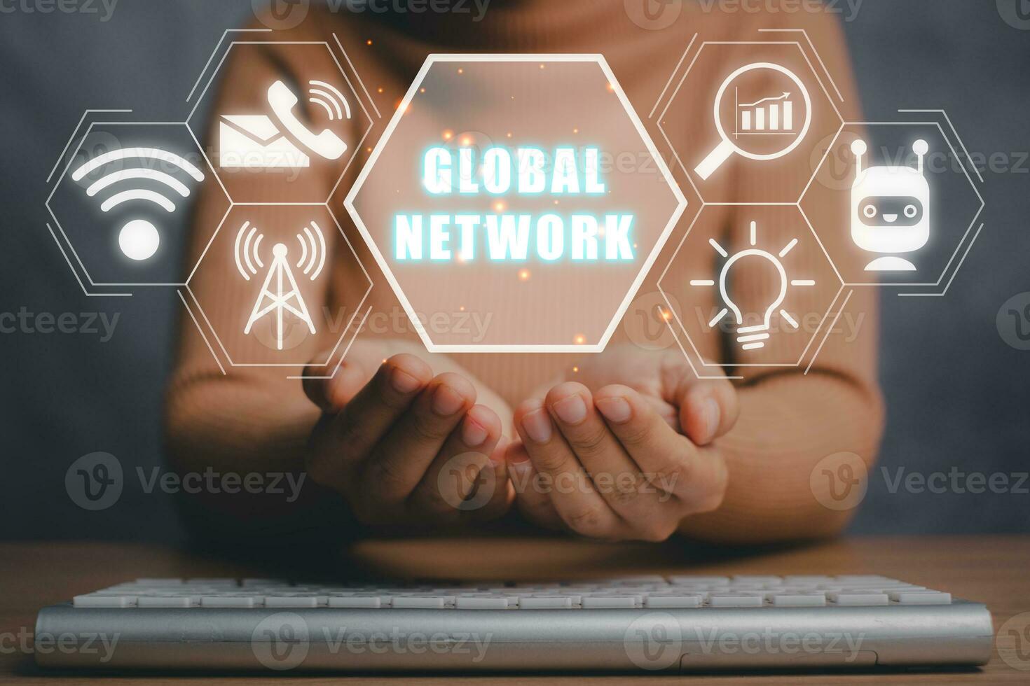 Person hand holding global network technology and digital marketing icon on virtual screen, Financial, Digital link tech, big data. photo