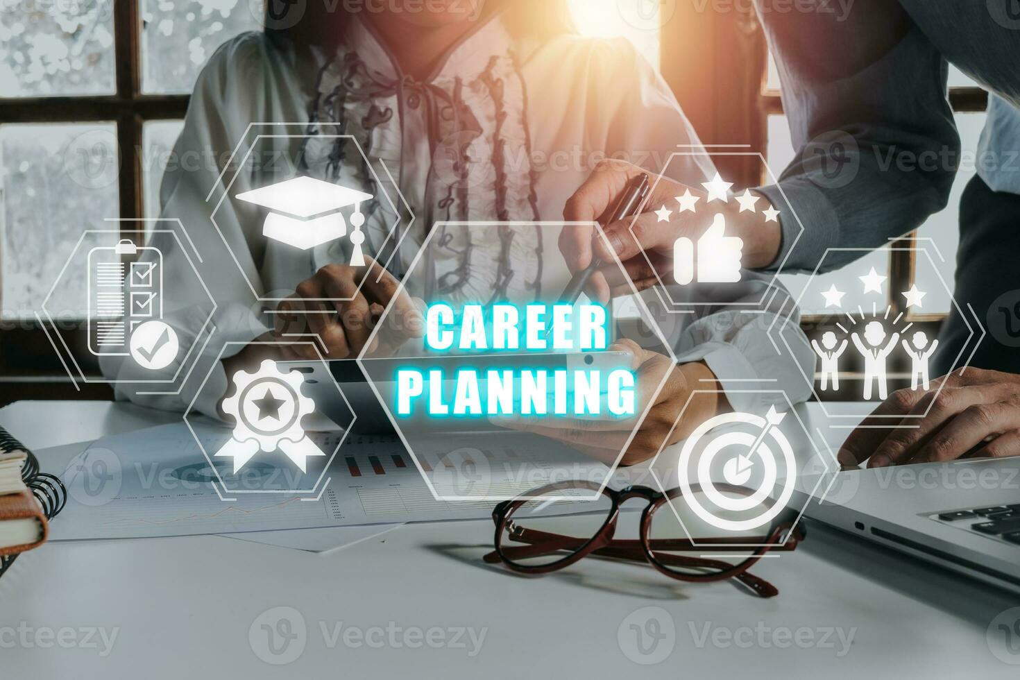 Career planning concept, Business team analyzing income charts and graphs with career planning icon on virtual screen. photo