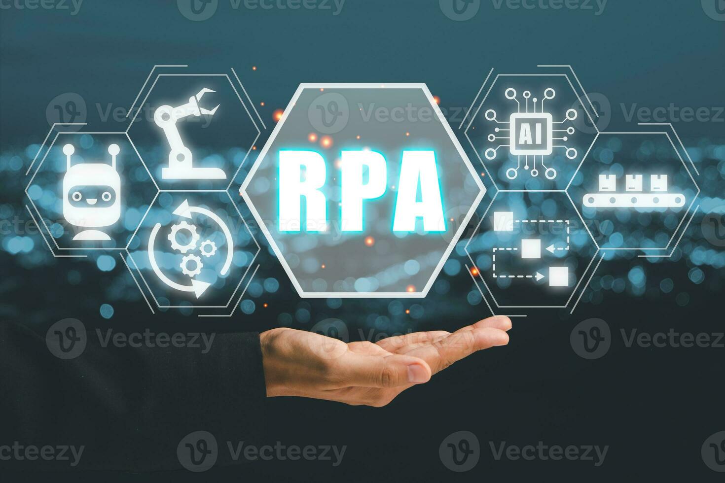 RPA Robotic Process Automation Innovation technology concept, Person hand holding VR screen RPA icon on office desk background. photo