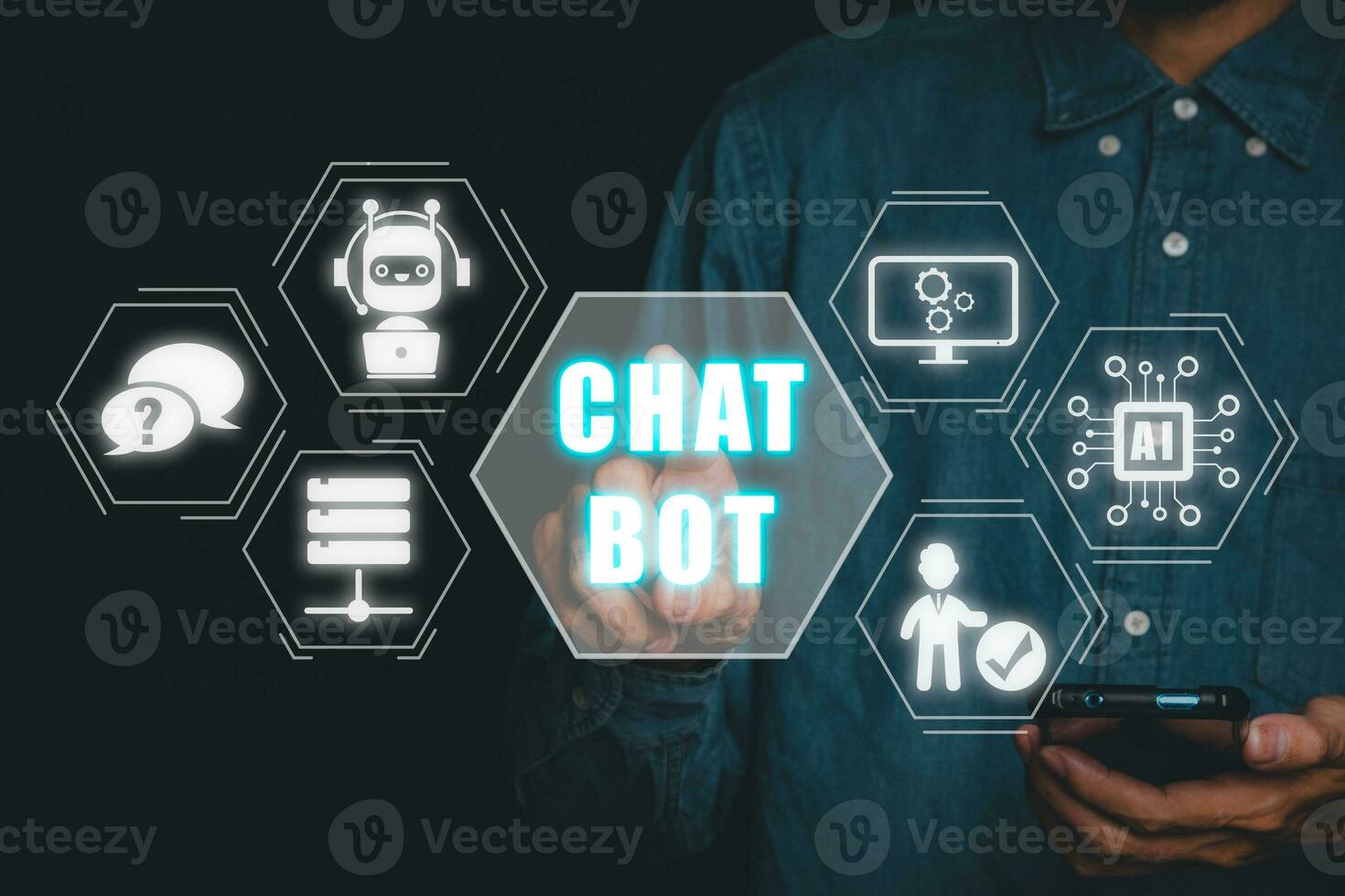 Person hand using smart phone with chatbot icon on virtual screen. photo