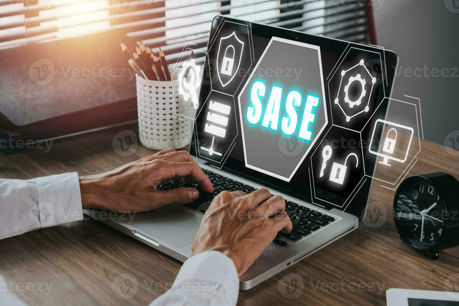 SASE, Secure Access Service Edge concept, Person using laptop with Secure Access Service Edge icon on virtual screen background, password, network, framework and support. photo
