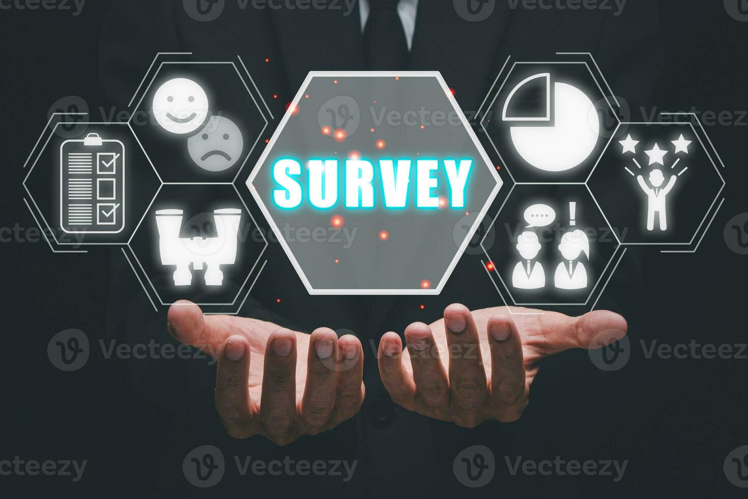 Survey concept, Business person hand holding survey icon on virtual screen. photo