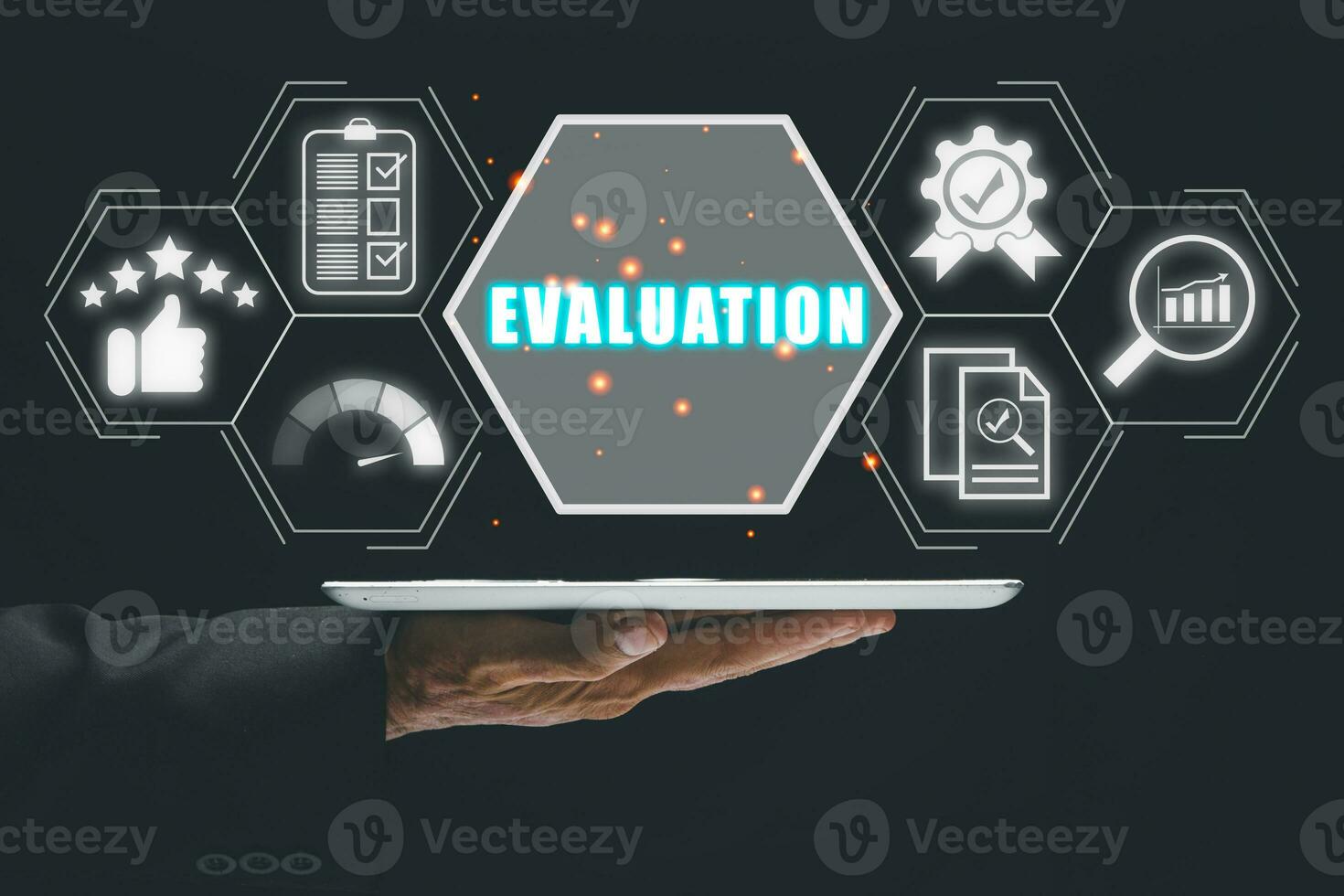 Evaluation concept, Business person hand holding digital tablet with evaluation icon on virtual screen. photo