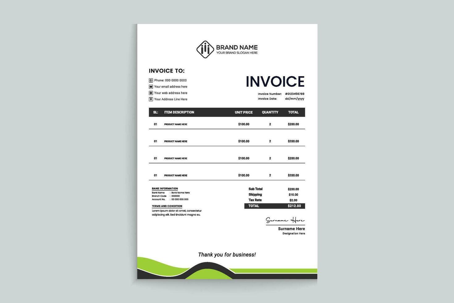 green elegant corporate invoice design vector