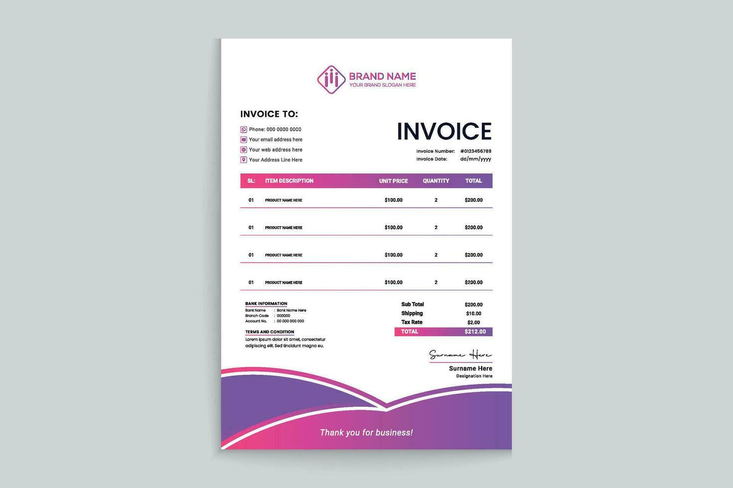 Gradient color invoice template vector