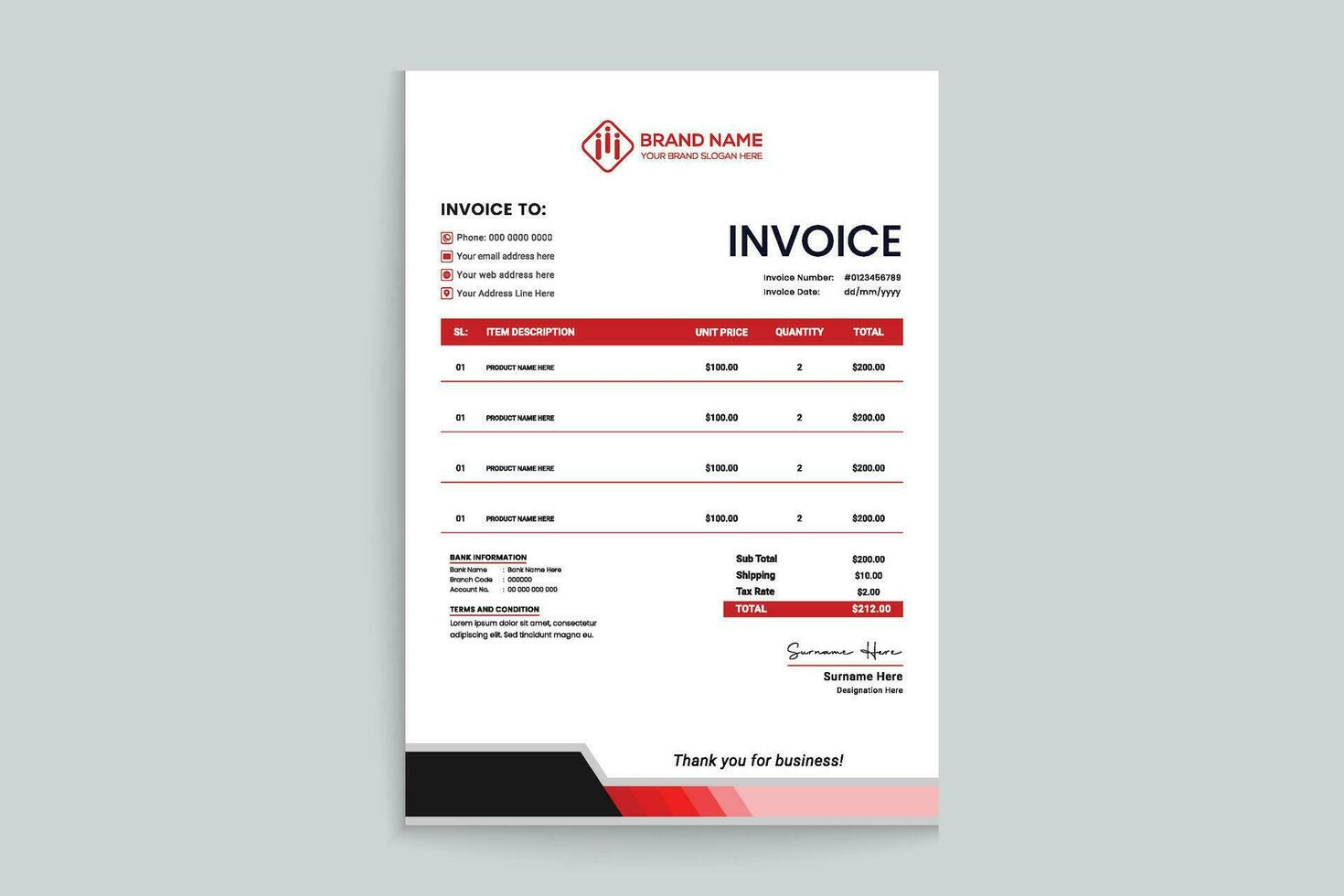 Red color invoice design vector