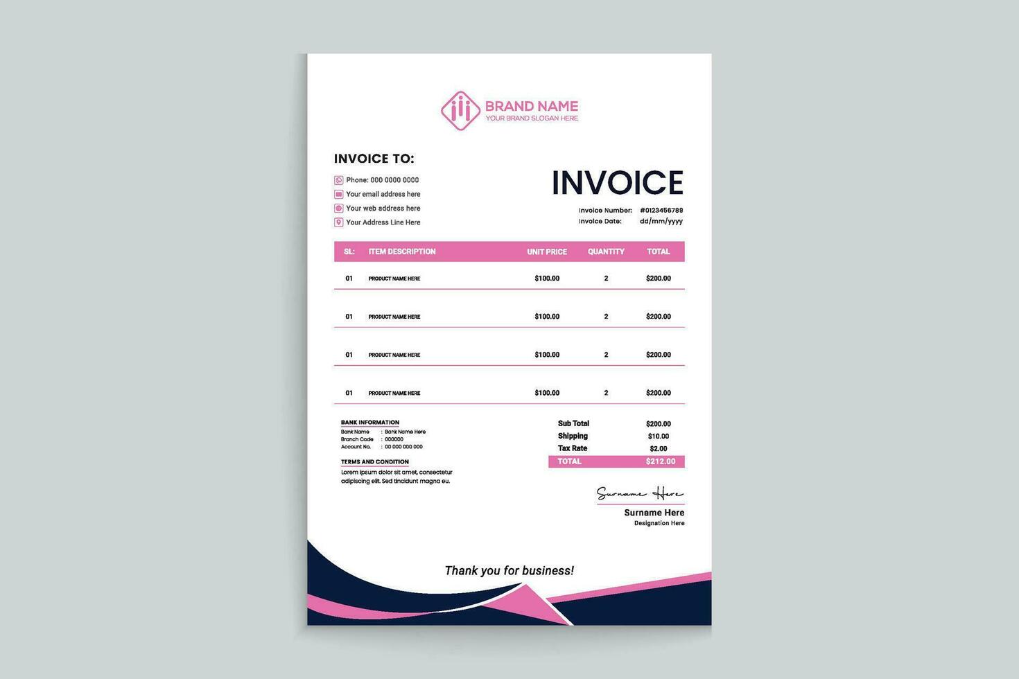 pink shape invoice design vector