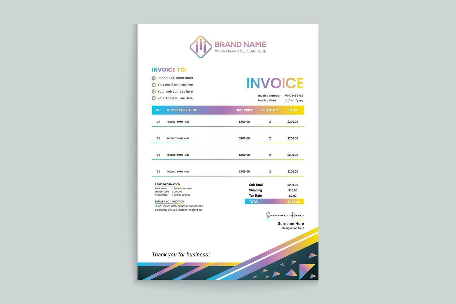 Gradient color luxury invoice template vector