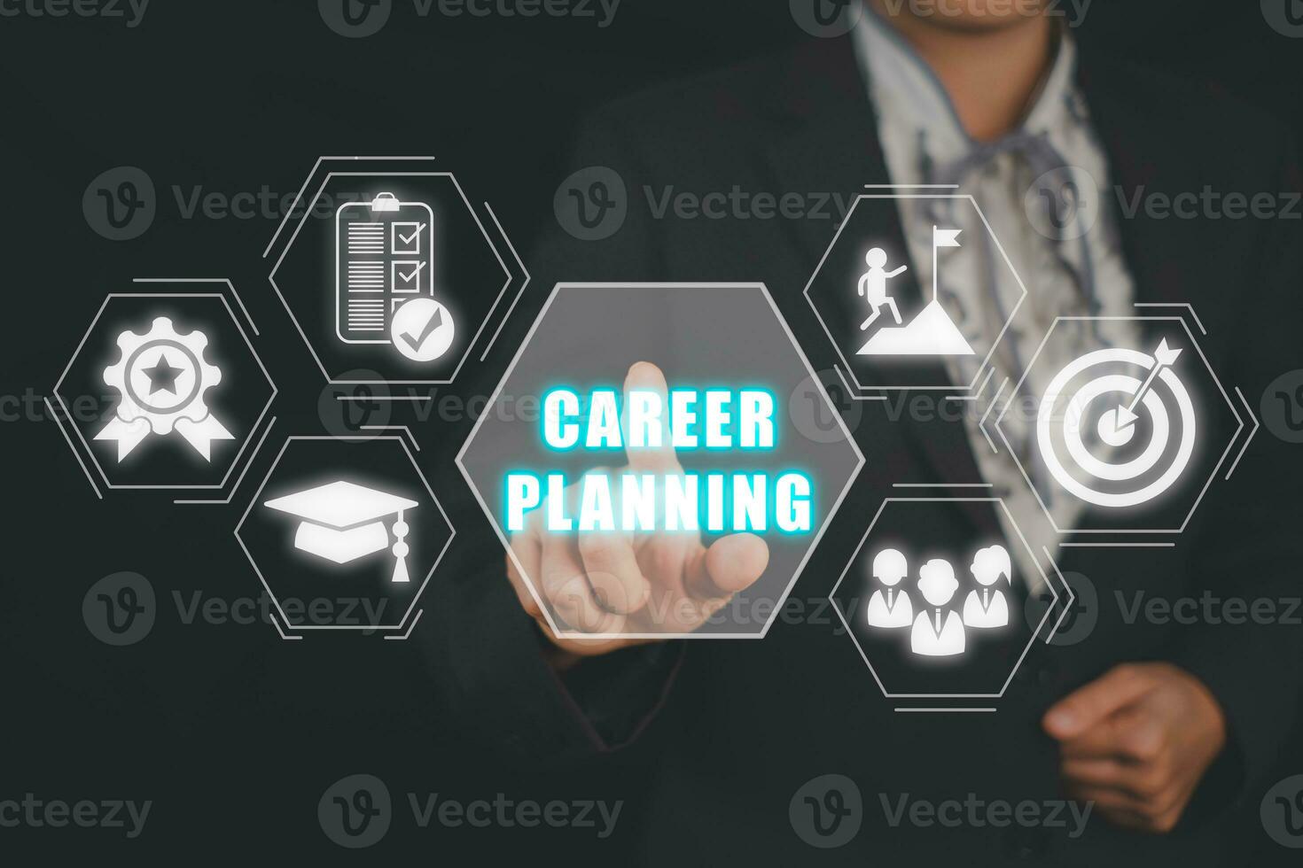 Career planning concept, Businesswoman hand touching career planning icon on virtual screen. photo