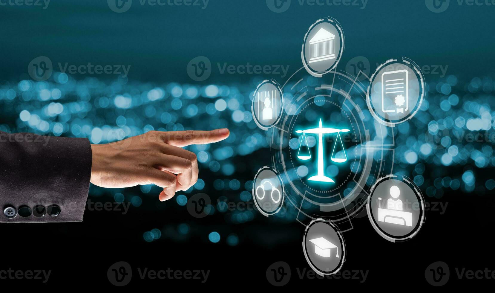 Justice and law concept, Woman hand pointing VR screen law icon background with blue bokeh. photo