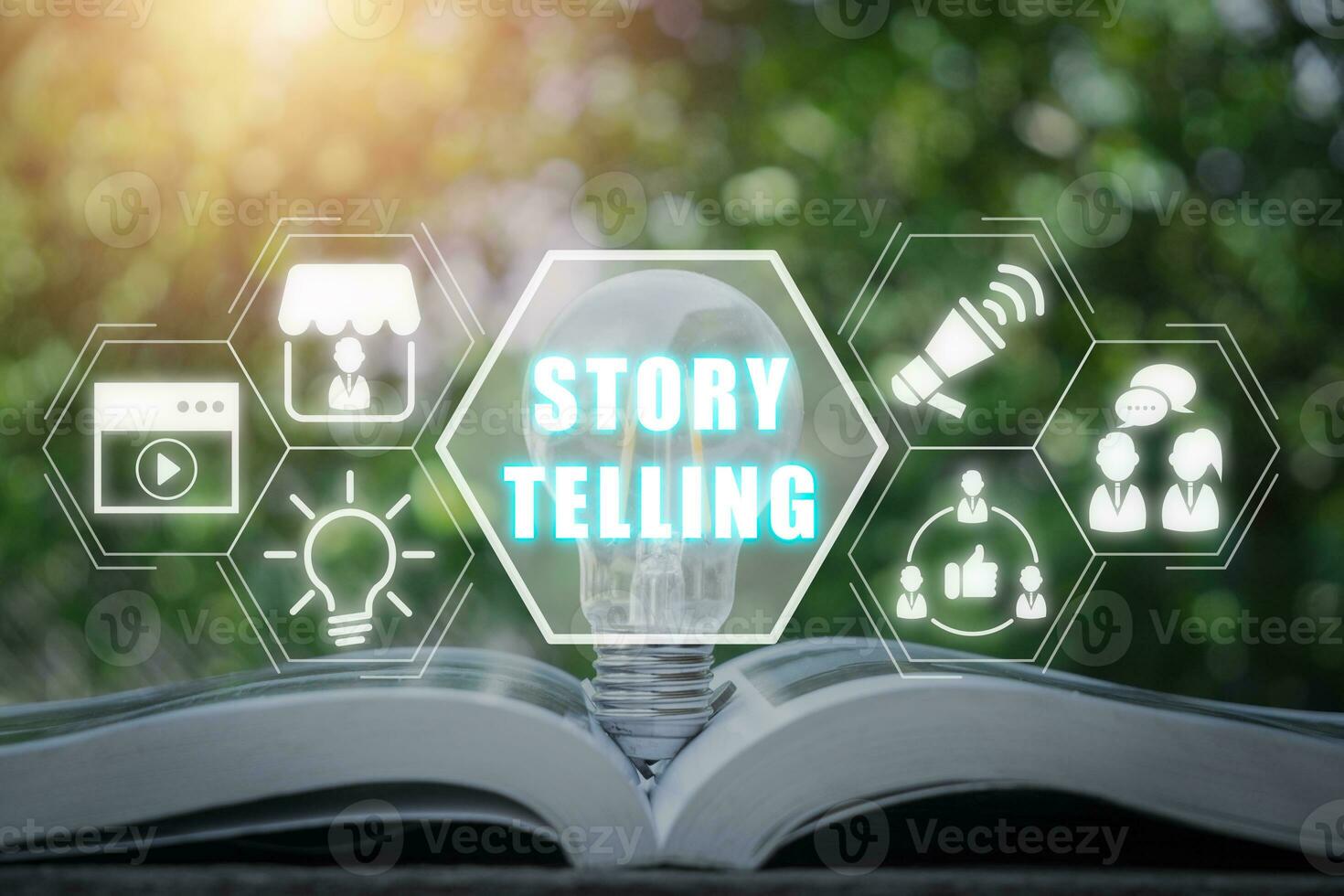 Story telling concept, Light bulb on book with story telling icon on virtual screen. photo
