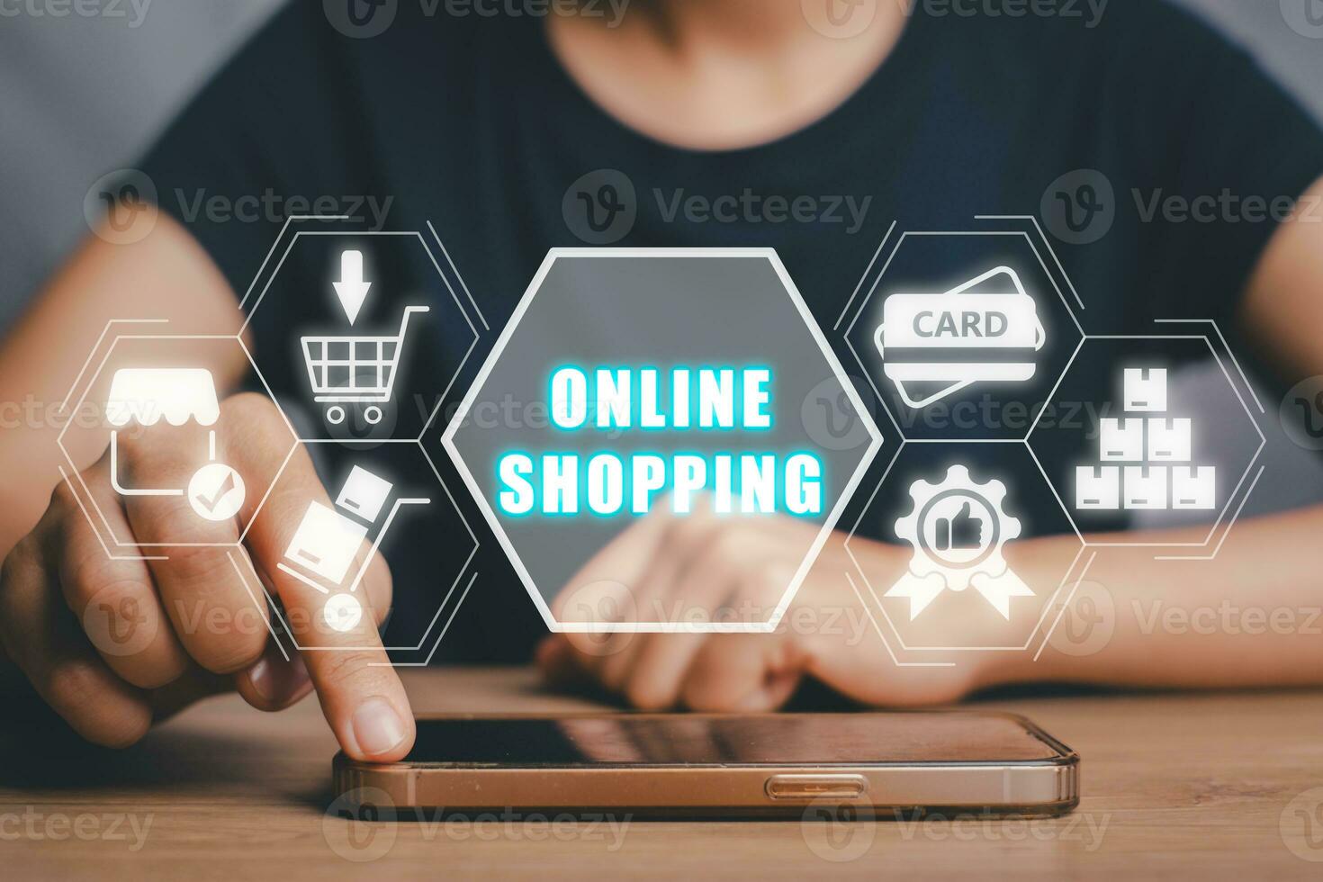 Online shopping concept, Person using smart phone on desk with online shopping icon on virtual screen. photo