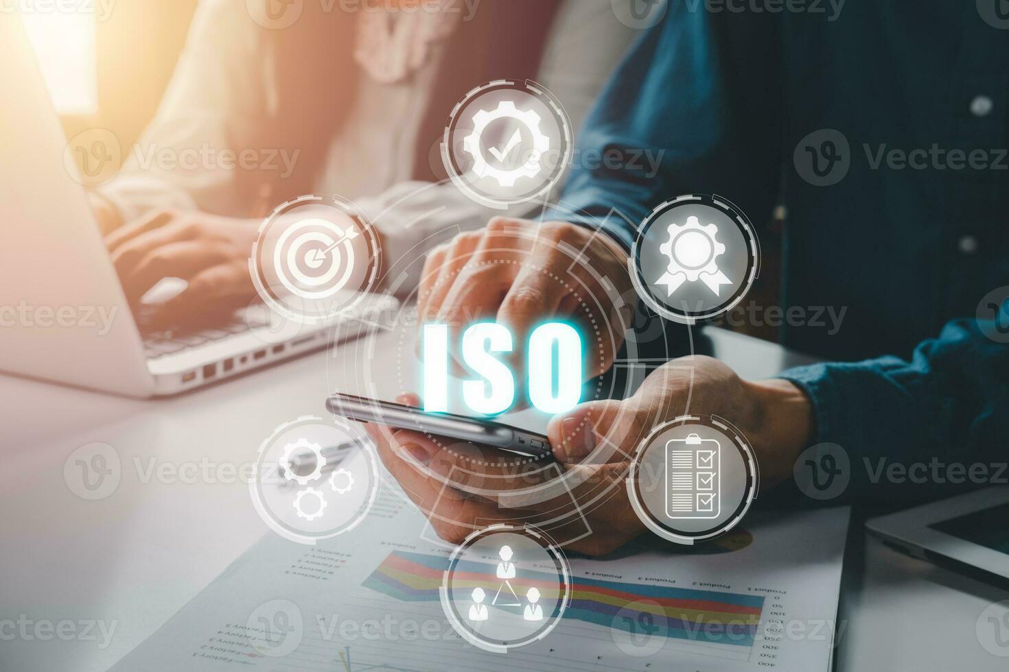 ISO standards quality control concept, Business team discussing data and document data with VR screen quality management iso icon on desk table, Assurance warranty, Business technology concept. photo