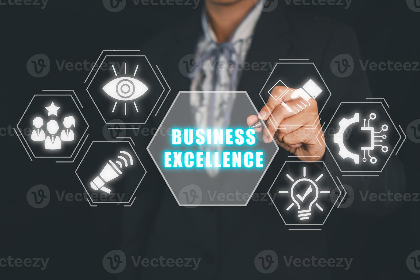 Business excellence concept, Business person hand touching business excellence icon on virtual screen. photo