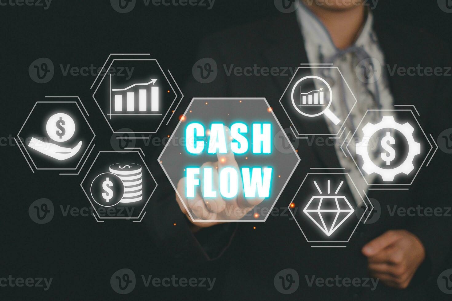 Cash flow concept, Business person hand select cash flow icon on virtual screen. photo