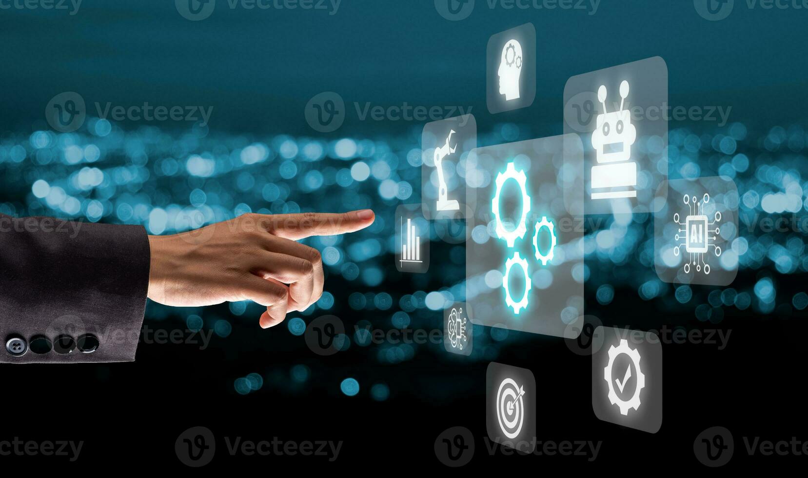 Automation business technology concept, Person hand poiting gear with automation technology icon on VR screen, software development, Business process and technology. photo