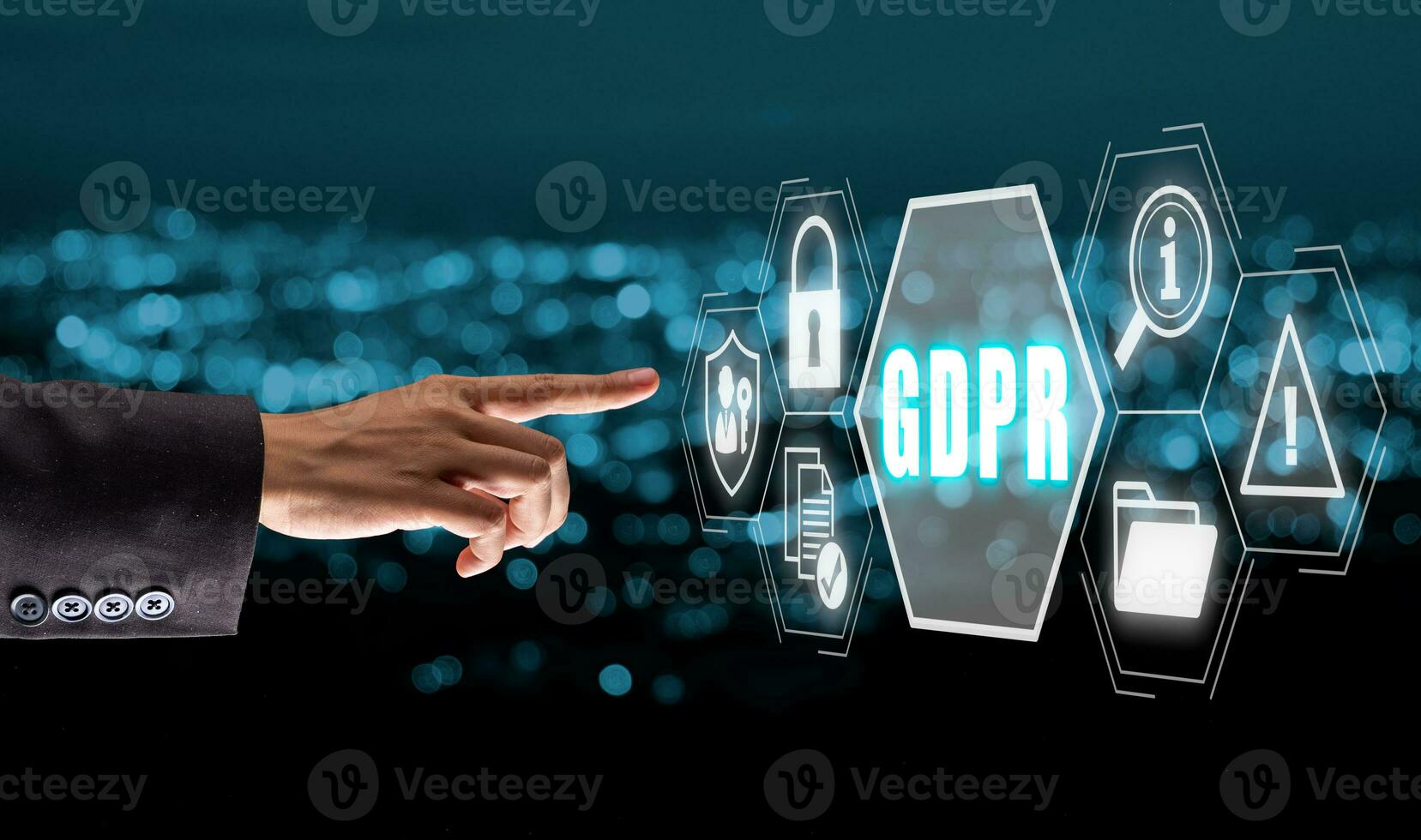 GDPR, General Data Protection Regulation concept, Person hand touching general Data Protection Regulation icon on virtual screen, Cyber security and privacy. photo