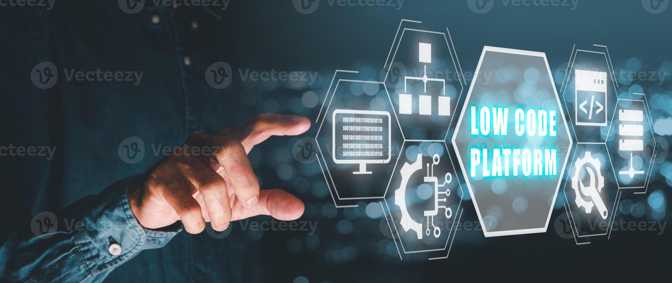 Low Code software development platform technology concept, Person hand ...