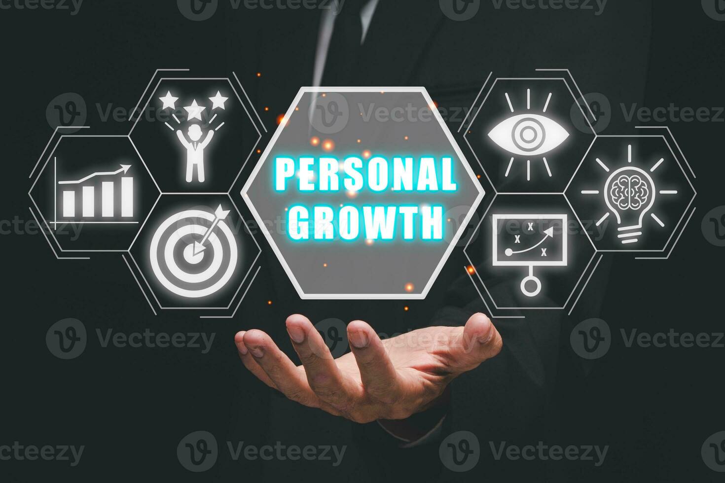 Personal growth concept, Business person hand holding personal growth icon on virtual screen, creativity, vision, motivation, planning, develop. photo